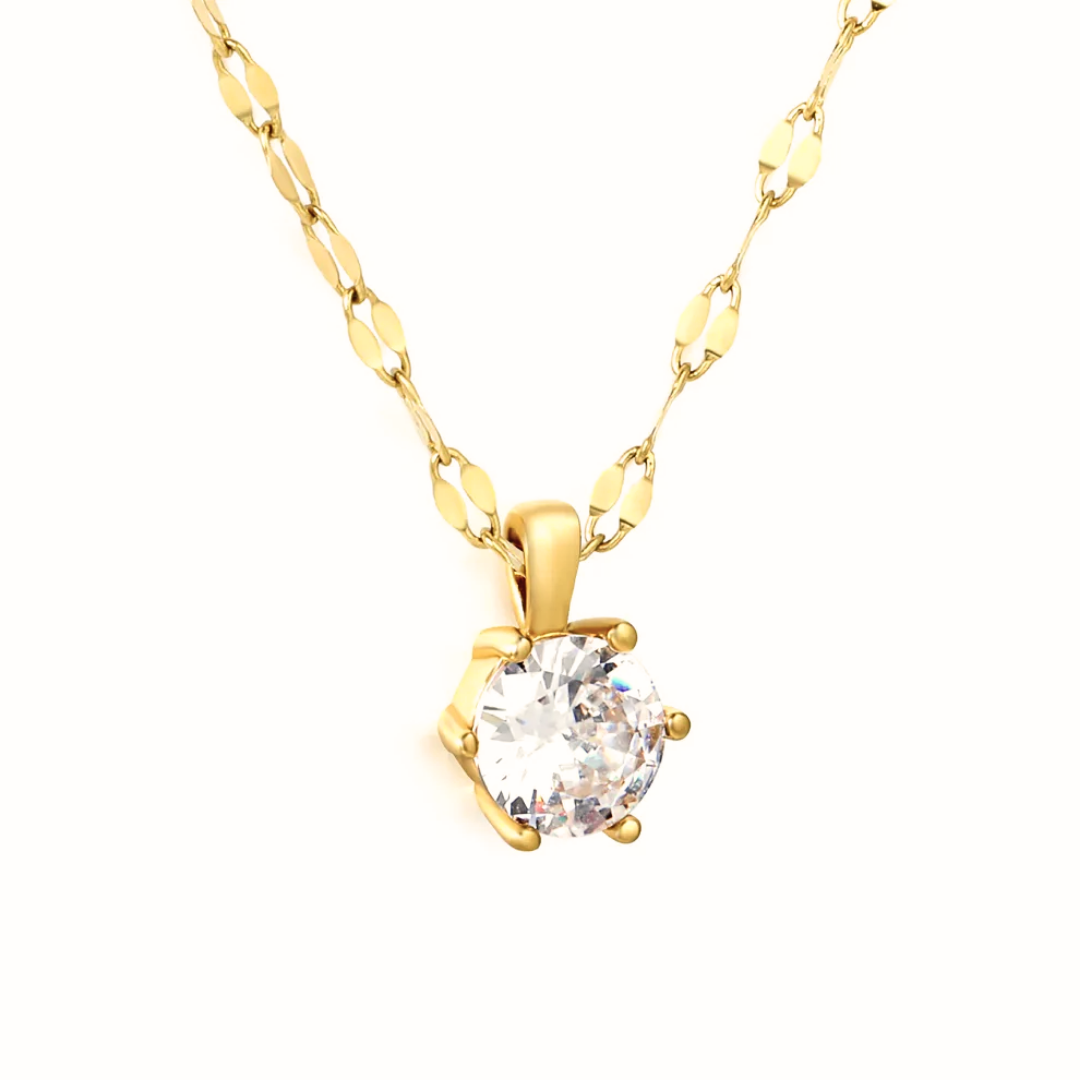Collana punto luce con grande zircone centrale e catena lavorata in acciaio placcato oro 18K.