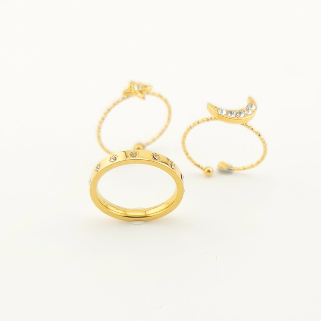 Anello Set 3 Pezzi Luna e Stelle Oro 18K