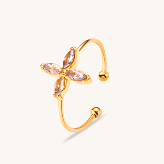 Anello oro 18k waterproof regolabile con fiore di cristalli marquise Unique et Spécial