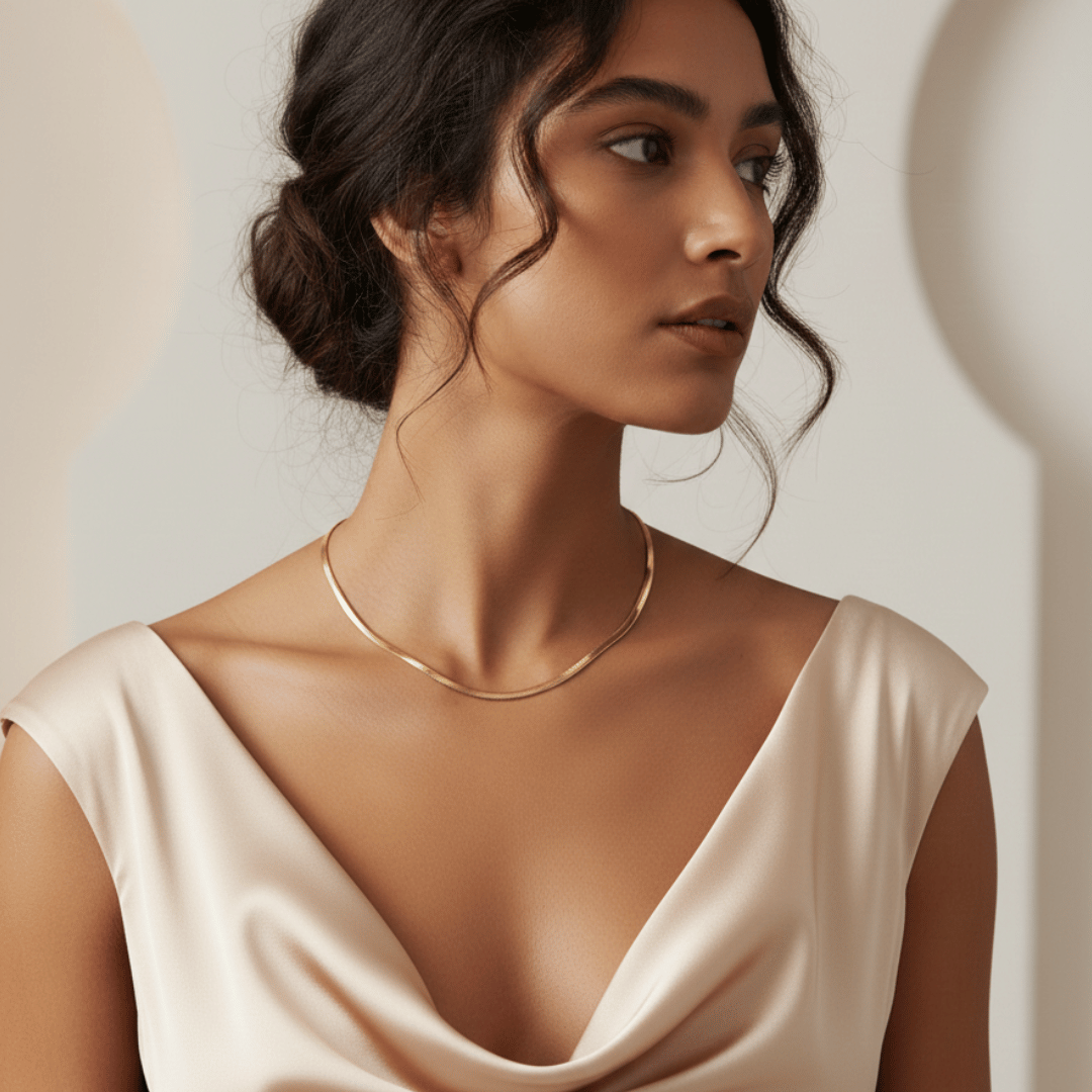Collana in oro 18k con catena sottile indossata al collo