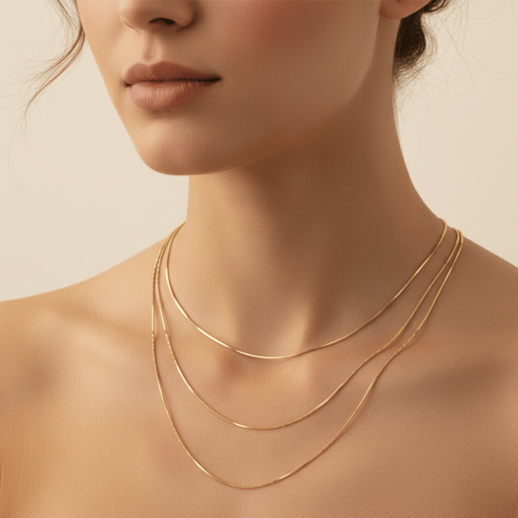 Collana in oro 18K a doppio giro, maglia sottile lucida, look sovrapposto