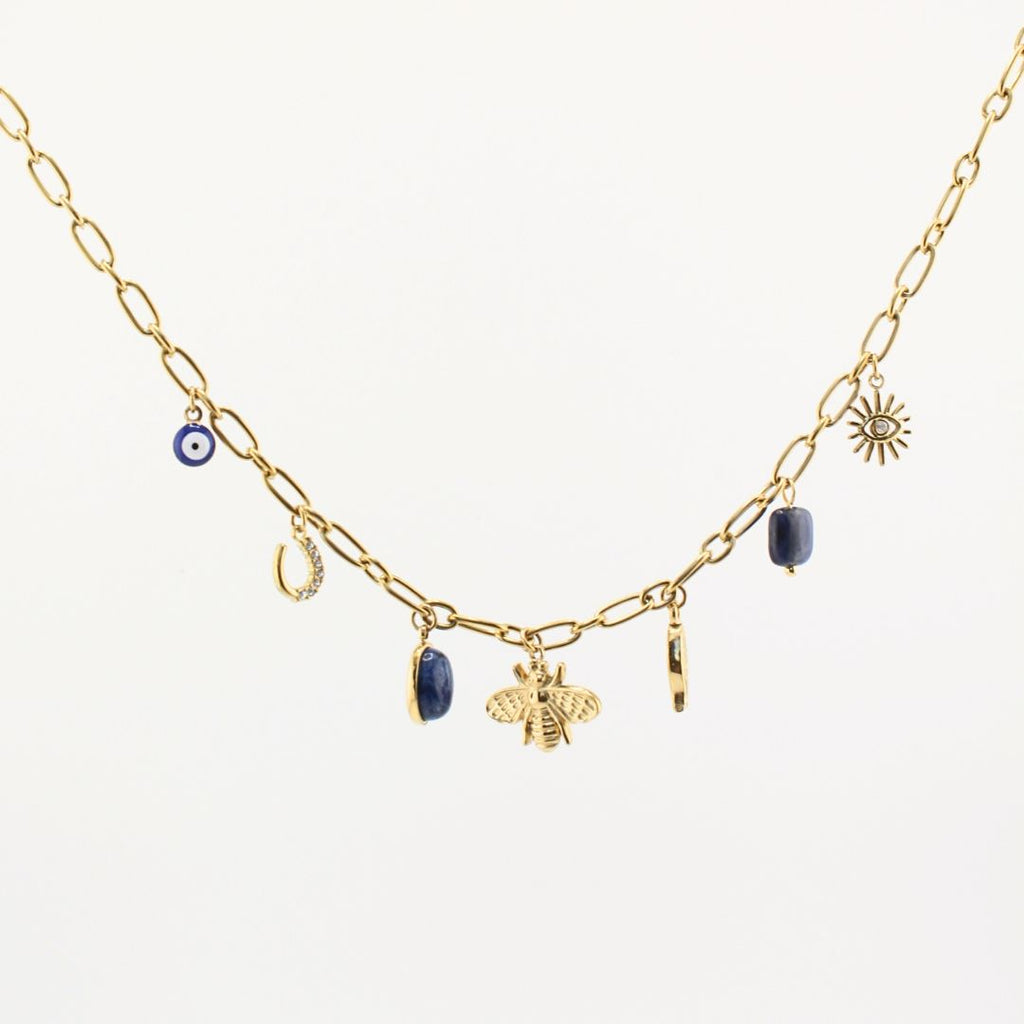 Collana portafortuna oro 18K con ciondoli blu e charm a occhio turco, sole e fiore