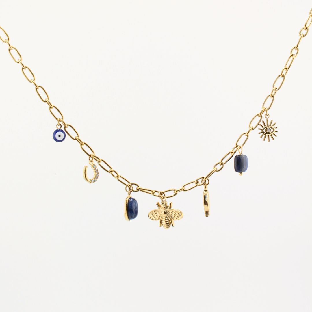Collana portafortuna oro 18K con ciondoli blu e charm a occhio turco, sole e fiore