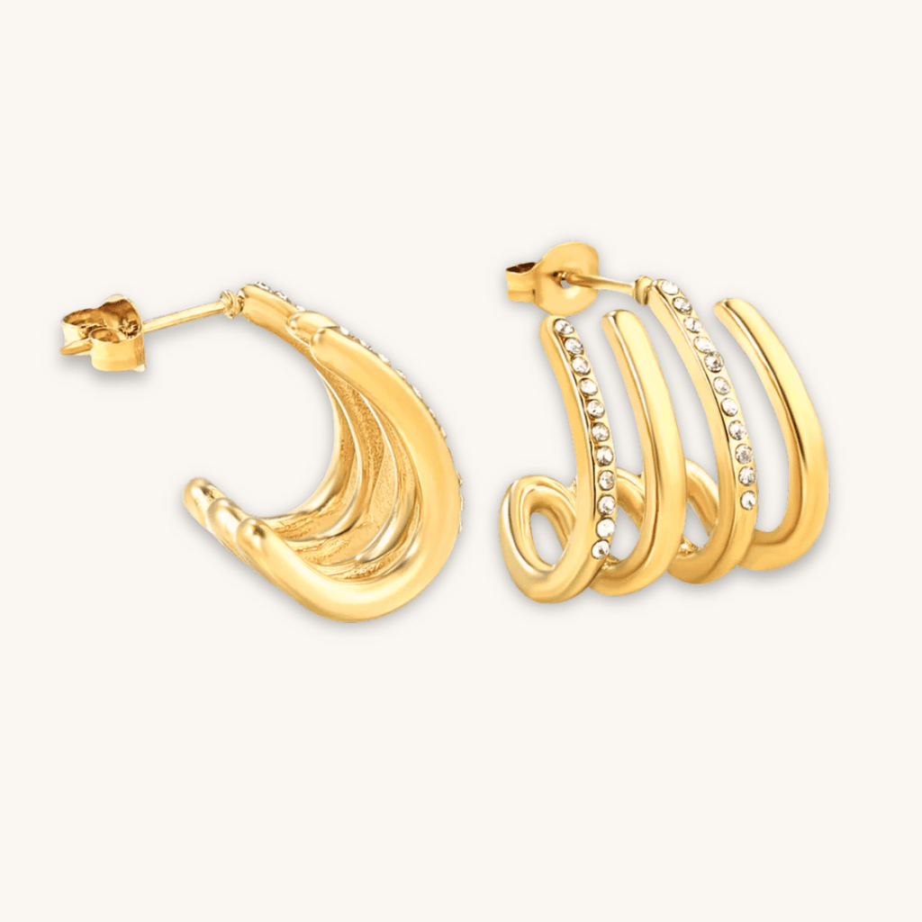 Orecchini a cerchio oro 18K, multi-filo con zirconi in pavé