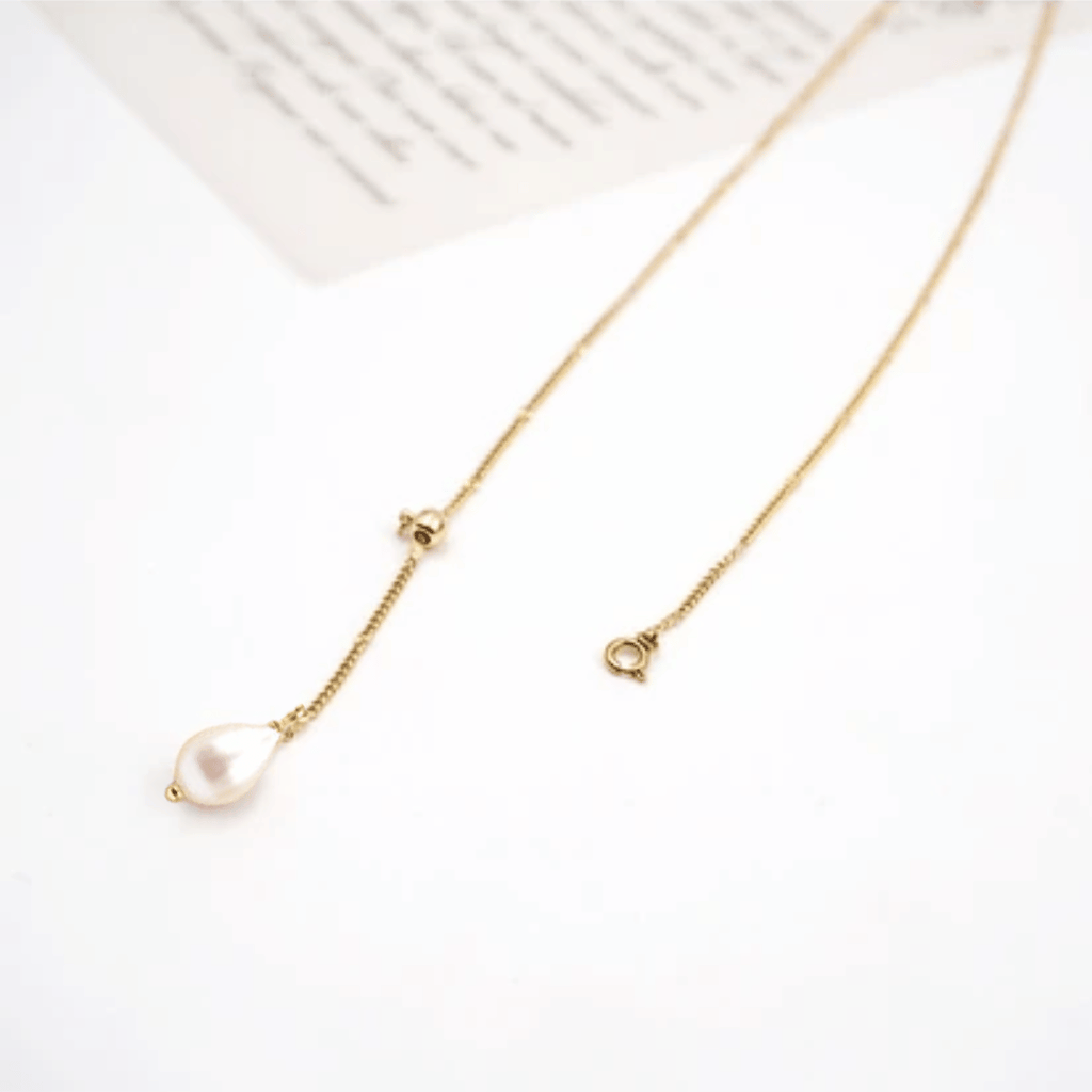 Collana oro 18K con perla goccia, catena lunga e moschettone