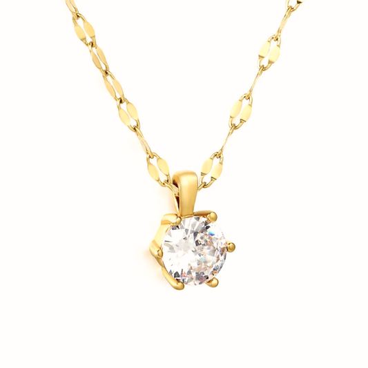 Collana punto luce con grande zircone centrale e catena lavorata in acciaio placcato oro 18K.