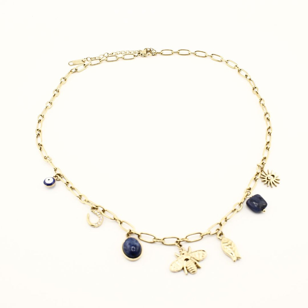 Collana portafortuna oro 18K con catena e ciondoli blu a occhio turco e sole