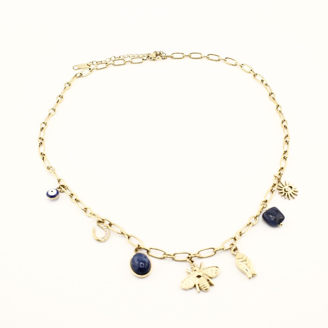 Collana portafortuna oro 18K con catena e ciondoli blu a occhio turco e sole