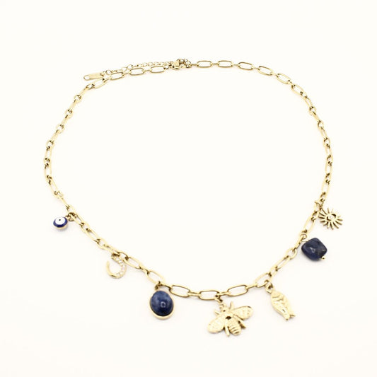 Collana statement con ape e pietre blu , in acciaio 316L placcata oro 18K . Waterproof, anallergica, un gioiello dall'aspetto importante ed elegante.