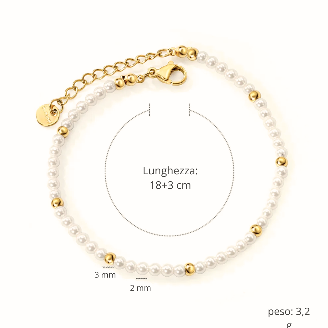 Misure tecniche bracciale: perle 2mm, sfere 3mm, lunghezza 18+3cm e peso 3,2g.