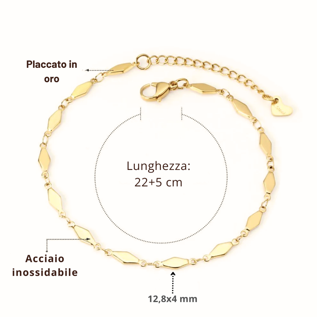 Cavigliera oro 18K, lunghezza 22+5 cm, acciaio inossidabile, maglia 12,8x4 mm