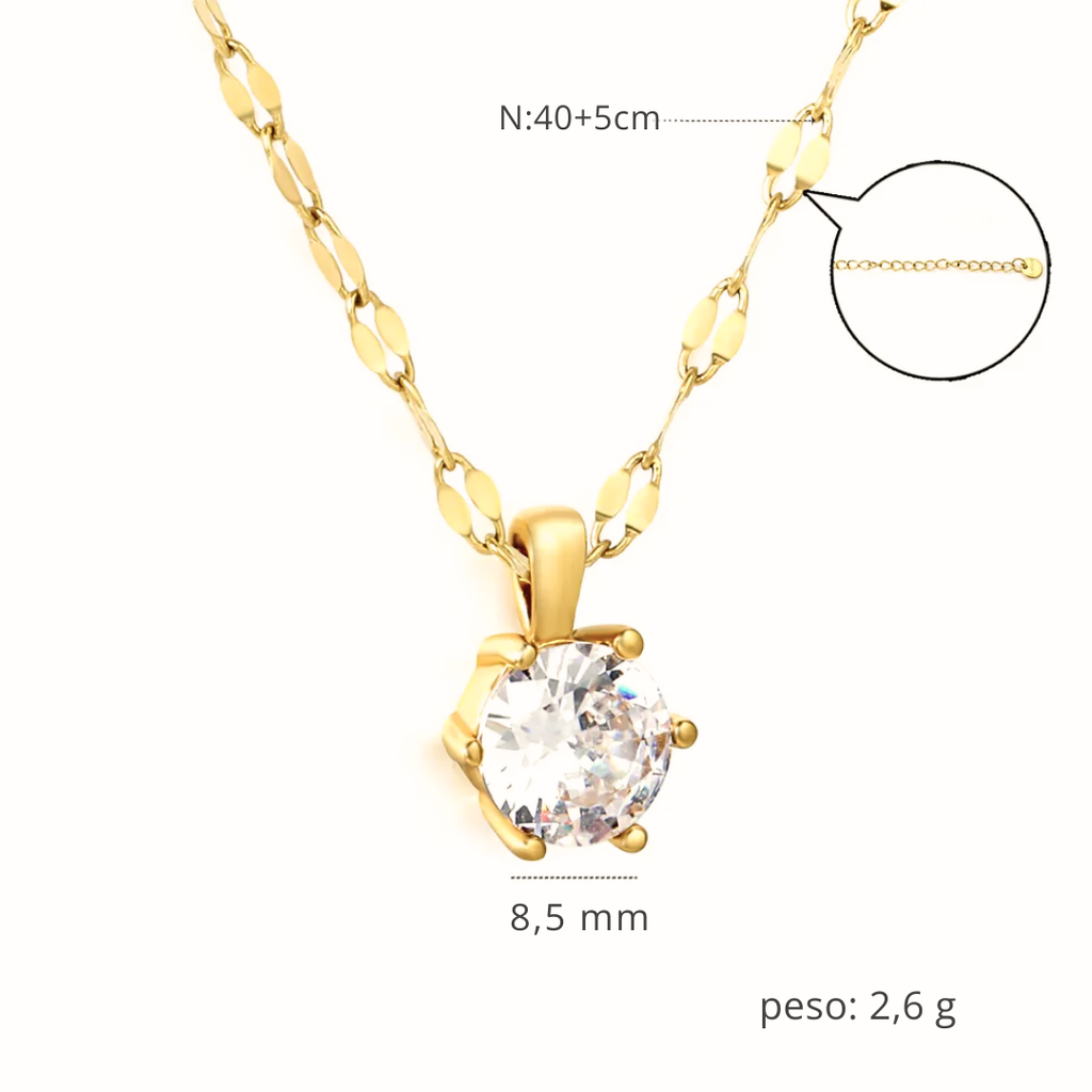 Collana oro giallo con pendente solitario in pietra rotonda trasparente e catenina maglie
