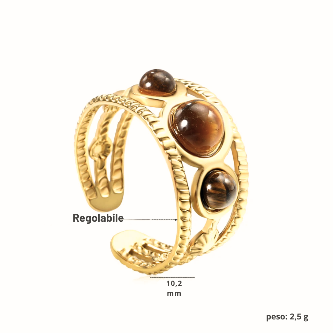Specifiche tecniche anello Essenza: larghezza 10,2 mm, regolabile, peso 2,5g.