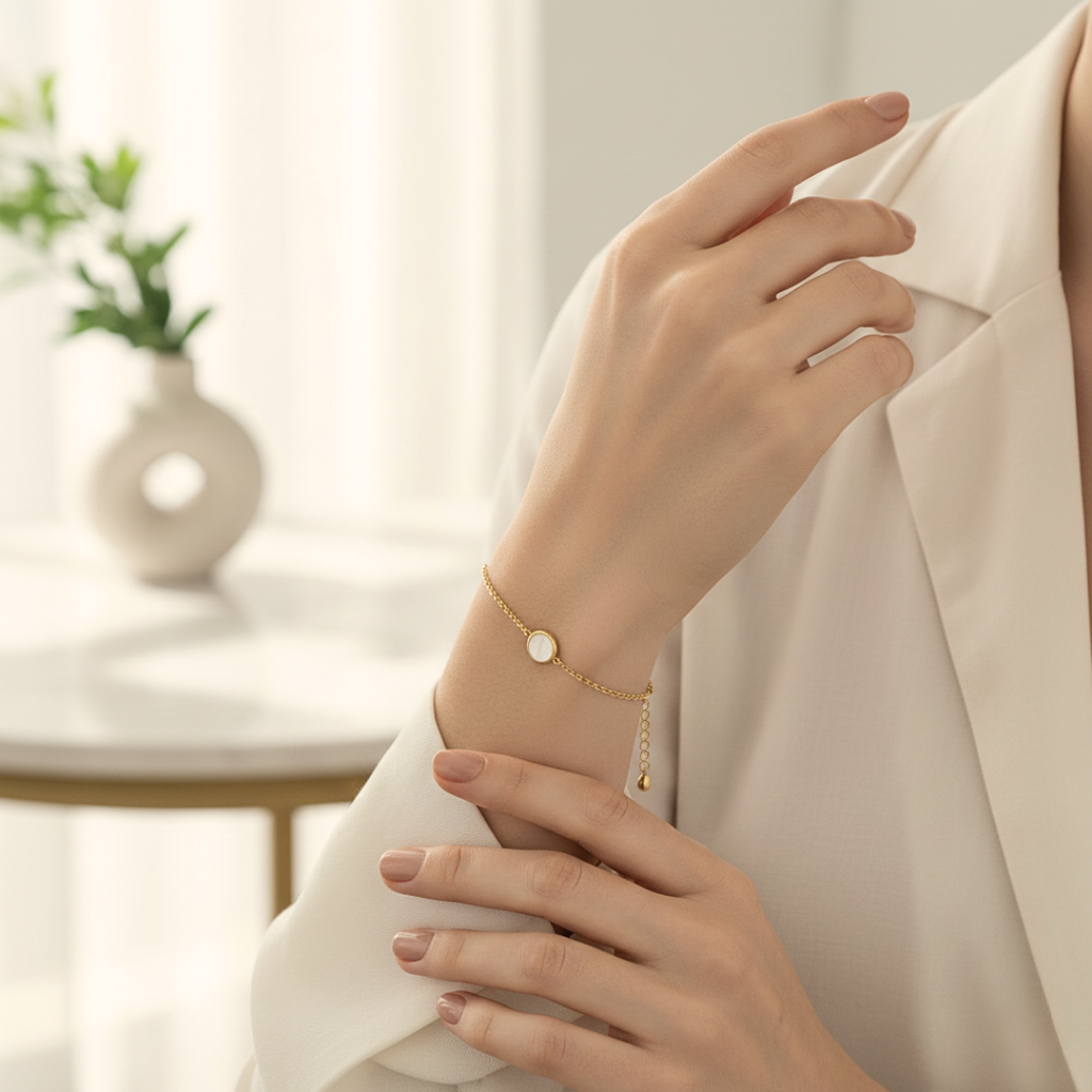Bracciale in oro 18K indossato al polso con pendente tondo e catenina sottile.