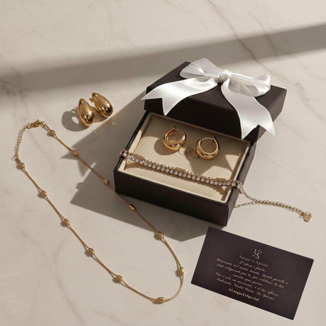 confezione  gioielli ,con orecchini collana e bracciale acciaio 18k e biglietto